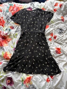 Vintage Dana Buchman Silk Black Midi Dress with Cream Floral Print